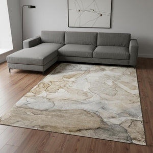 HomeRoots 10' X 14' Beige And Ivory Abstract Area Rug - Washable, Stain-Resistant, UV-Protected for Homes 647002