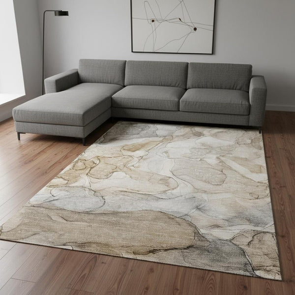 HomeRoots 10' X 14' Beige And Ivory Abstract Area Rug - Washable, Stain-Resistant, UV-Protected for Homes 647002