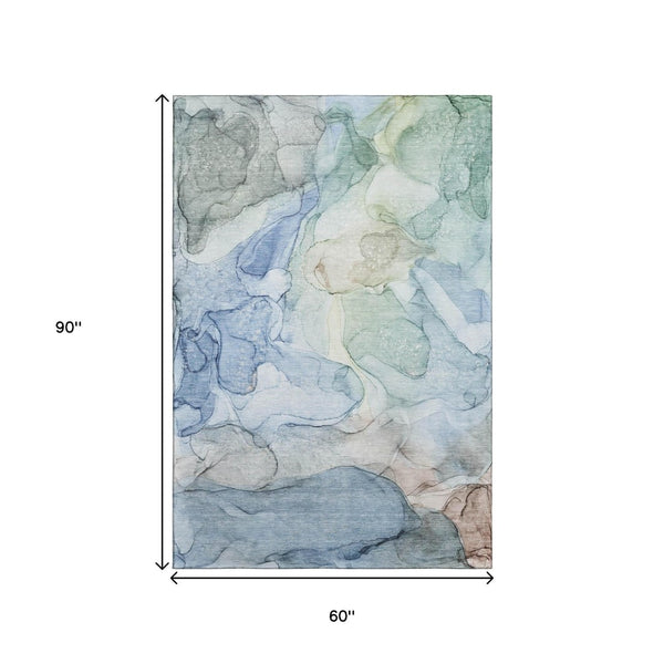 HomeRoots 5' X 8' Abstract Blue and Ivory Washable Area Rug with UV Protection for Busy Homes & Kids 647004