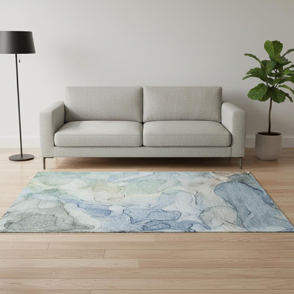 HomeRoots 5' X 8' Abstract Blue and Ivory Washable Area Rug with UV Protection for Busy Homes & Kids 647004