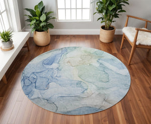 HomeRoots 8' Blue And Ivory Abstract Washable Round Rug - UV Protected, Stylish, Durable, and Easy Care! 647005