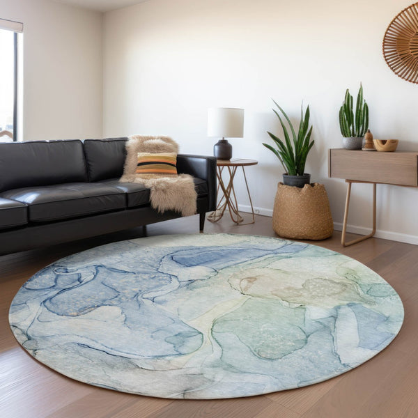 HomeRoots 8' Blue And Ivory Abstract Washable Round Rug - UV Protected, Stylish, Durable, and Easy Care! 647005