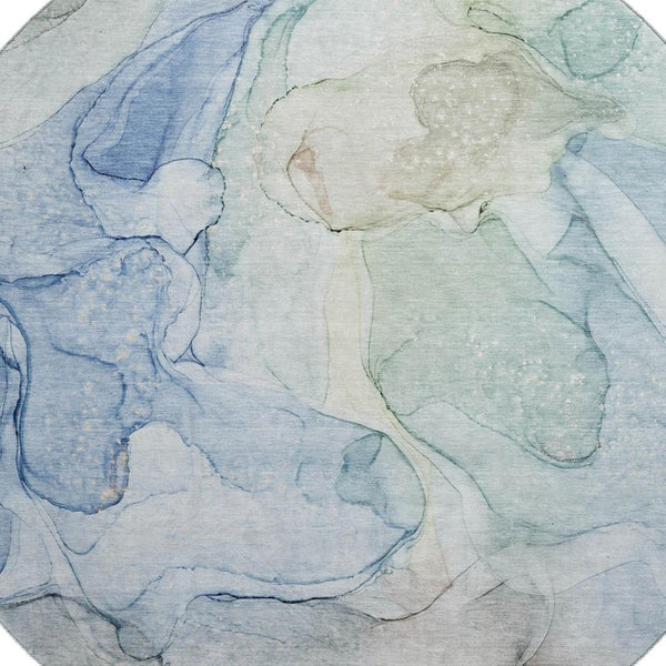 HomeRoots 8' Blue And Ivory Abstract Washable Round Rug - UV Protected, Stylish, Durable, and Easy Care! 647005