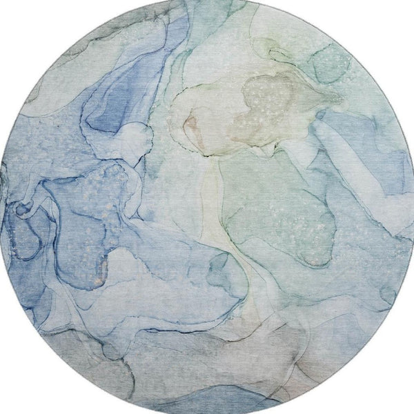 HomeRoots 8' Blue And Ivory Abstract Washable Round Rug - UV Protected, Stylish, Durable, and Easy Care! 647005