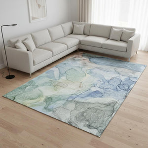 HomeRoots 8' X 10' Blue and Ivory Abstract Area Rug – Washable, UV-Protected, Pet-Friendly, Modern Design 647006