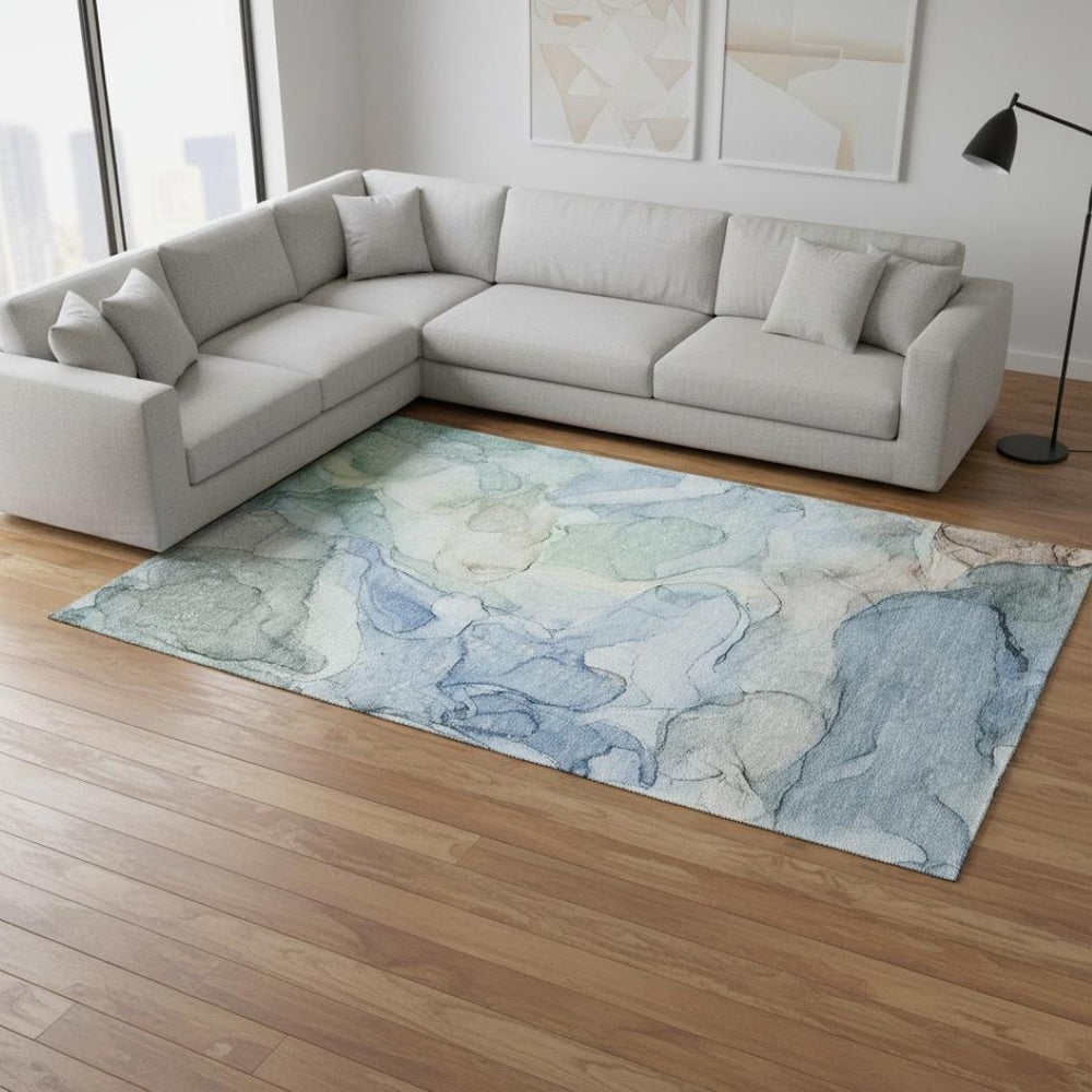 HomeRoots 9' X 12' Blue And Ivory Modern Abstract Area Rug – Washable, UV-Protected, Durable & Stylish Design! 647007