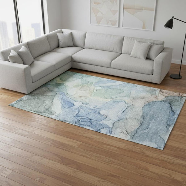 HomeRoots 9' X 12' Blue And Ivory Modern Abstract Area Rug – Washable, UV-Protected, Durable & Stylish Design! 647007