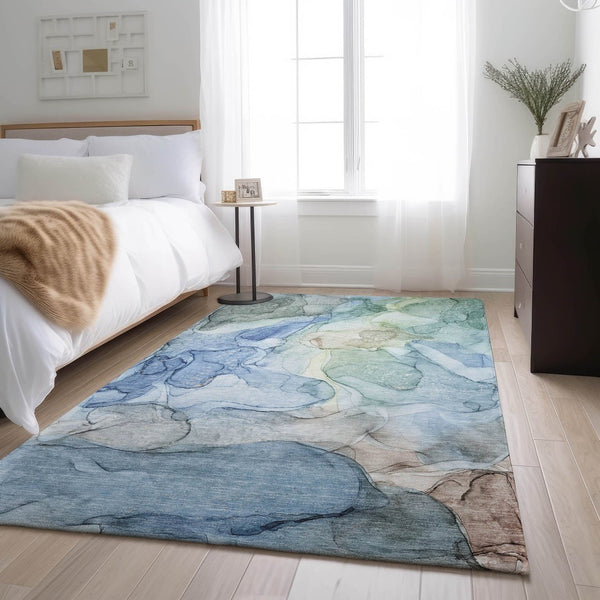HomeRoots 9' X 12' Blue And Ivory Modern Abstract Area Rug – Washable, UV-Protected, Durable & Stylish Design! 647007