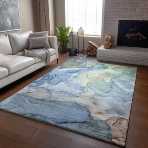 HomeRoots 9' X 12' Blue And Ivory Modern Abstract Area Rug – Washable, UV-Protected, Durable & Stylish Design! 647007