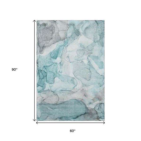 HomeRoots 5' Teal and Ivory Abstract Area Rug - Washable, UV Protected, Durable for High-Traffic Spaces! 647010