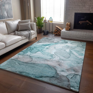 HomeRoots 5' Teal and Ivory Abstract Area Rug - Washable, UV Protected, Durable for High-Traffic Spaces! 647010