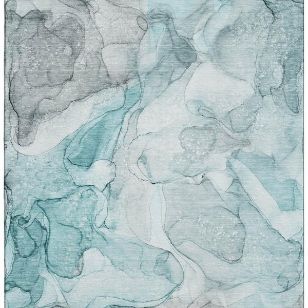 HomeRoots 5' Teal and Ivory Abstract Area Rug - Washable, UV Protected, Durable for High-Traffic Spaces! 647010