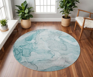 HomeRoots 8' Teal & Ivory Abstract Round Rug - Washable, UV-Protected, Durable Design for Active Homes 647011