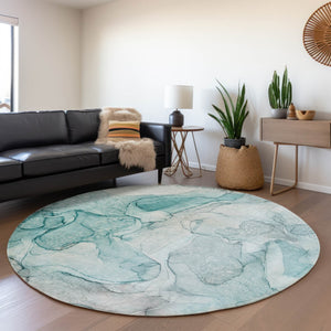 HomeRoots 8' Teal & Ivory Abstract Round Rug - Washable, UV-Protected, Durable Design for Active Homes 647011