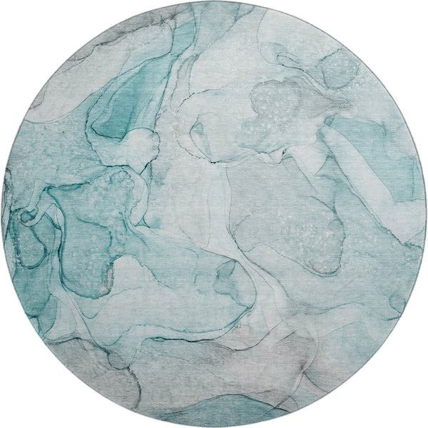 HomeRoots 8' Teal & Ivory Abstract Round Rug - Washable, UV-Protected, Durable Design for Active Homes 647011