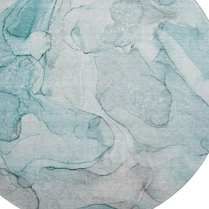 HomeRoots 8' Teal & Ivory Abstract Round Rug - Washable, UV-Protected, Durable Design for Active Homes 647011