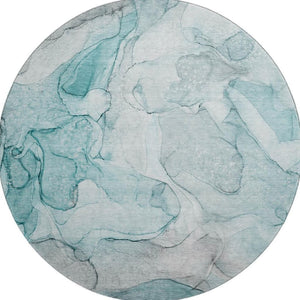 HomeRoots 8' Teal & Ivory Abstract Round Rug - Washable, UV-Protected, Durable Design for Active Homes 647011
