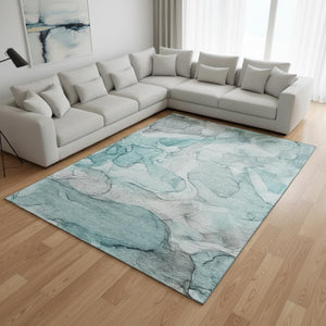 HomeRoots 8' X 10' Teal And Ivory Abstract Area Rug – Washable, UV Protected, Durable Design for High-Traffic Spaces 647012