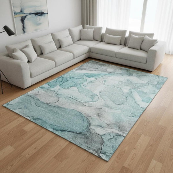 HomeRoots 8' X 10' Teal And Ivory Abstract Area Rug – Washable, UV Protected, Durable Design for High-Traffic Spaces 647012