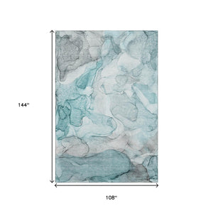 HomeRoots 9' X 12' Teal And Ivory Abstract Area Rug - Durable, Washable, Stain-Resistant, UV Protected Design 647013