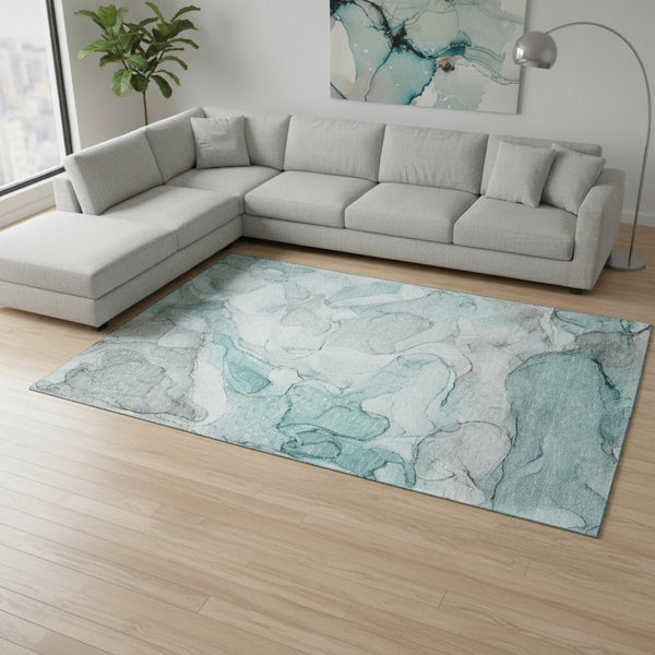 HomeRoots 9' X 12' Teal And Ivory Abstract Area Rug - Durable, Washable, Stain-Resistant, UV Protected Design 647013