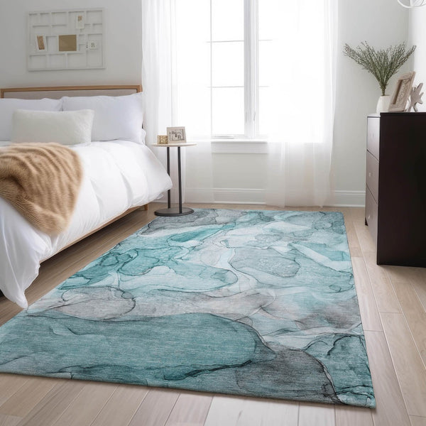 HomeRoots 9' X 12' Teal And Ivory Abstract Area Rug - Durable, Washable, Stain-Resistant, UV Protected Design 647013