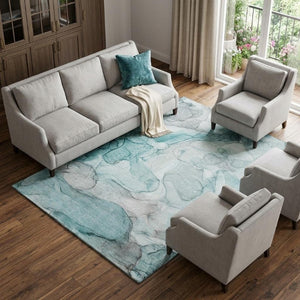 Abstract Teal Ivory Washable Polyester Area Rug Uv Protected Stain Resistant for Living Rooms