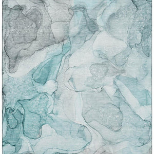 Abstract Teal Ivory Washable Polyester Area Rug Uv Protected Stain Resistant for Living Rooms