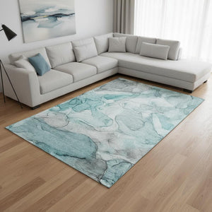 HomeRoots 10' X 14' Teal and Ivory Abstract Area Rug - Washable, UV Protected, Perfect for High-Traffic Spaces! 647014
