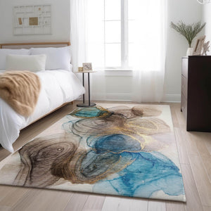 HomeRoots 5' X 8' Beige Ivory Blue Abstract Rug - Washable, Stain Resistant, UV Protected for Modern Living Spaces 647016