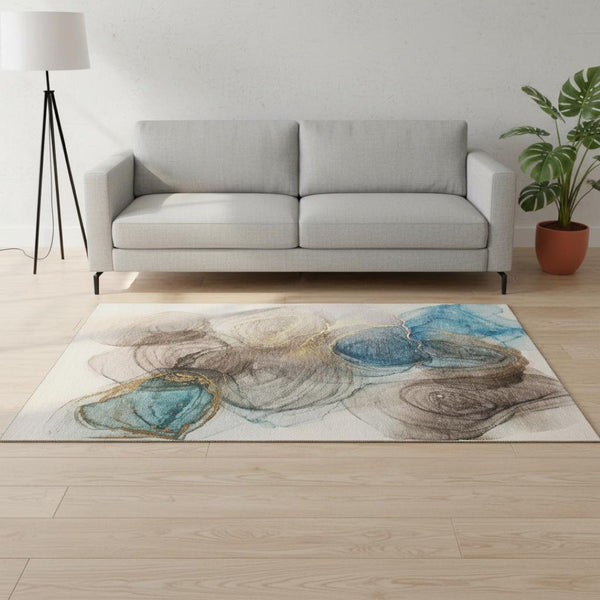 HomeRoots 5' X 8' Beige Ivory Blue Abstract Rug - Washable, Stain Resistant, UV Protected for Modern Living Spaces 647016