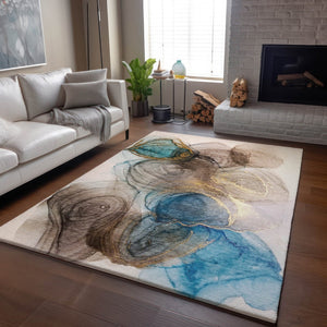 HomeRoots 5' X 8' Beige Ivory Blue Abstract Rug - Washable, Stain Resistant, UV Protected for Modern Living Spaces 647016