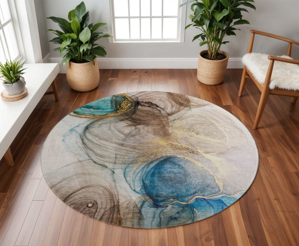 HomeRoots 8' Beige, Ivory & Blue Abstract Round Rug - Washable, UV-Protected, Stain-Resistant for Busy Homes 647017
