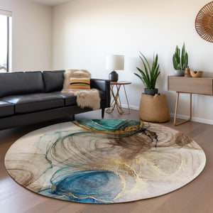 HomeRoots 8' Beige, Ivory & Blue Abstract Round Rug - Washable, UV-Protected, Stain-Resistant for Busy Homes 647017