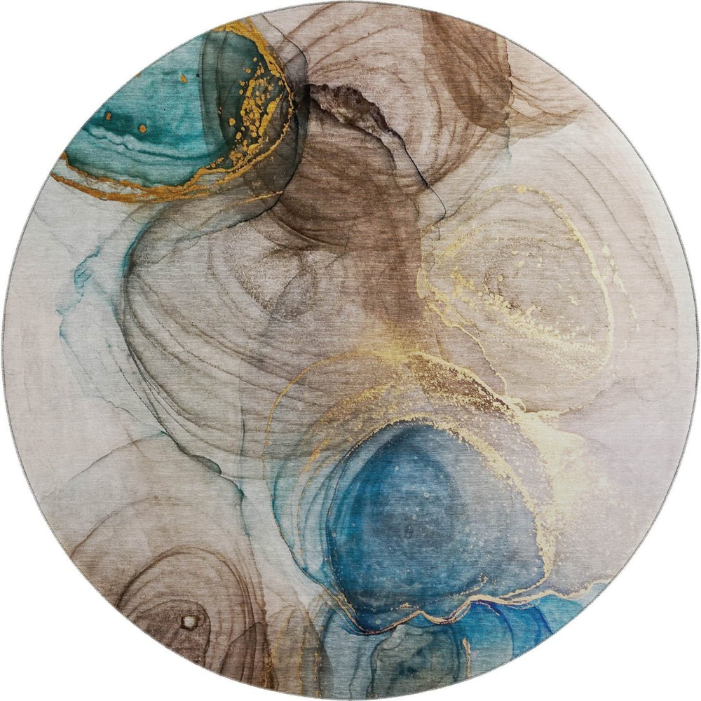 HomeRoots 8' Beige, Ivory & Blue Abstract Round Rug - Washable, UV-Protected, Stain-Resistant for Busy Homes 647017