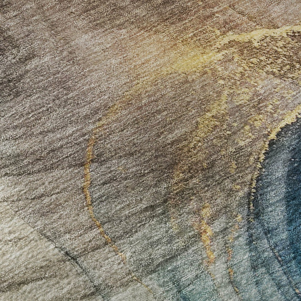 HomeRoots 8' Beige, Ivory & Blue Abstract Round Rug - Washable, UV-Protected, Stain-Resistant for Busy Homes 647017