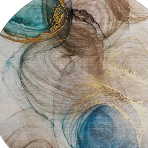 HomeRoots 8' Beige, Ivory & Blue Abstract Round Rug - Washable, UV-Protected, Stain-Resistant for Busy Homes 647017