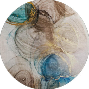 HomeRoots 8' Beige, Ivory & Blue Abstract Round Rug - Washable, UV-Protected, Stain-Resistant for Busy Homes 647017