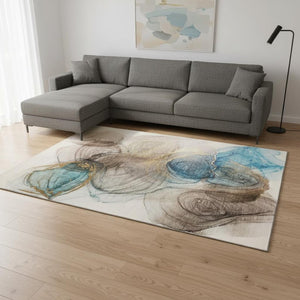 HomeRoots 8' X 10' Beige Ivory Blue Abstract Area Rug - Washable, UV Resistant, Durable & Perfect for Families 647018