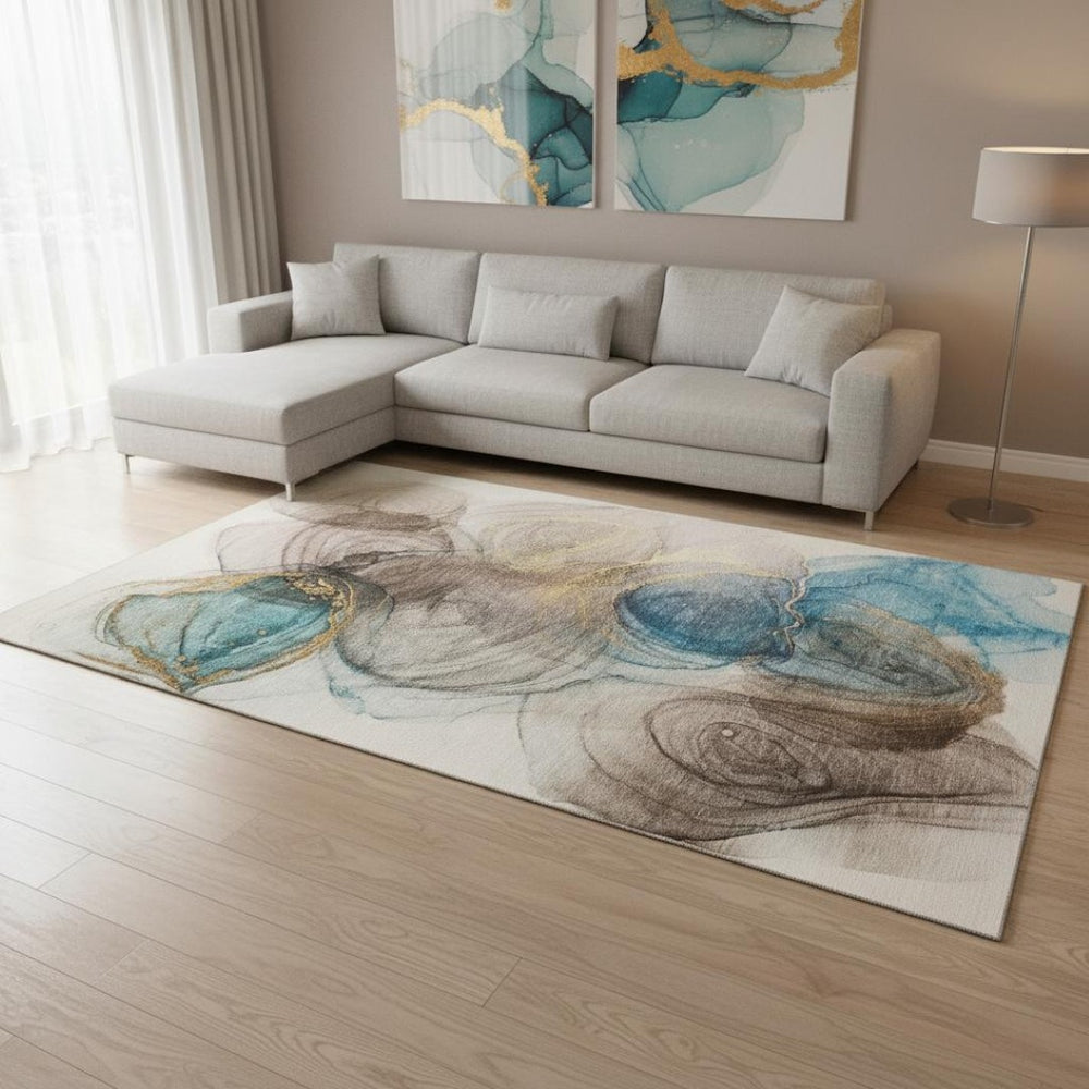 HomeRoots 9' X 12' Stylish Abstract Area Rug in Beige, Ivory & Blue – Washable, Stain-Resistant, UV Protected! 647019