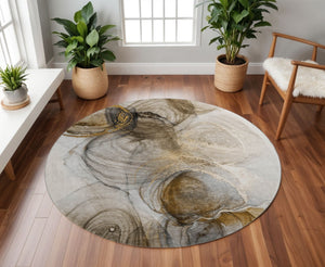 HomeRoots 8' Brown and Ivory Abstract Washable Round Rug - Stylish, Durable, UV Protected for Indoor & Outdoor Use 647023