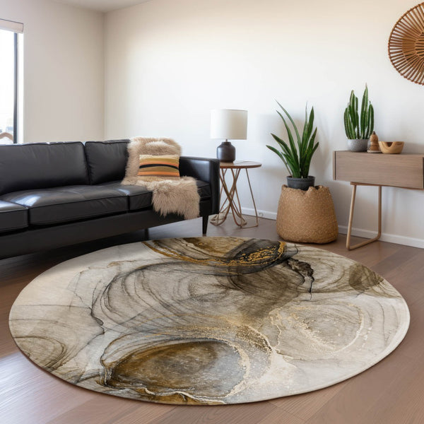 HomeRoots 8' Brown and Ivory Abstract Washable Round Rug - Stylish, Durable, UV Protected for Indoor & Outdoor Use 647023