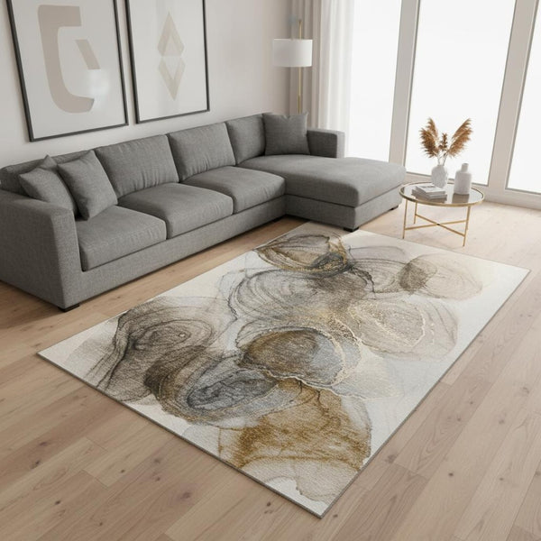 HomeRoots 8' X 10' Brown And Ivory Abstract Washable Area Rug - Durable, UV Protected, Perfect for High-Traffic Spaces! 647024