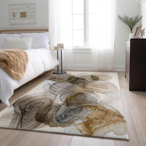 HomeRoots 8' X 10' Brown And Ivory Abstract Washable Area Rug - Durable, UV Protected, Perfect for High-Traffic Spaces! 647024