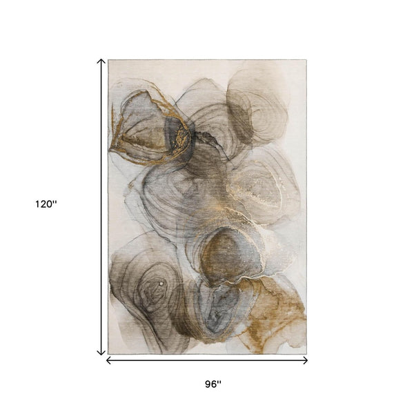 HomeRoots 8' X 10' Brown And Ivory Abstract Washable Area Rug - Durable, UV Protected, Perfect for High-Traffic Spaces! 647024