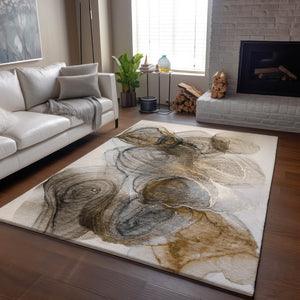 HomeRoots 8' X 10' Brown And Ivory Abstract Washable Area Rug - Durable, UV Protected, Perfect for High-Traffic Spaces! 647024