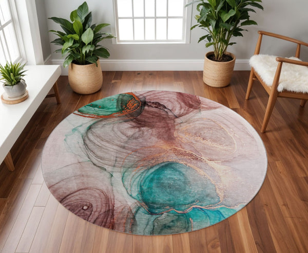 HomeRoots 8' Washable Round Rug in Burgundy, Blue & Ivory - UV Protected, Durable, Modern Abstract Design 647029