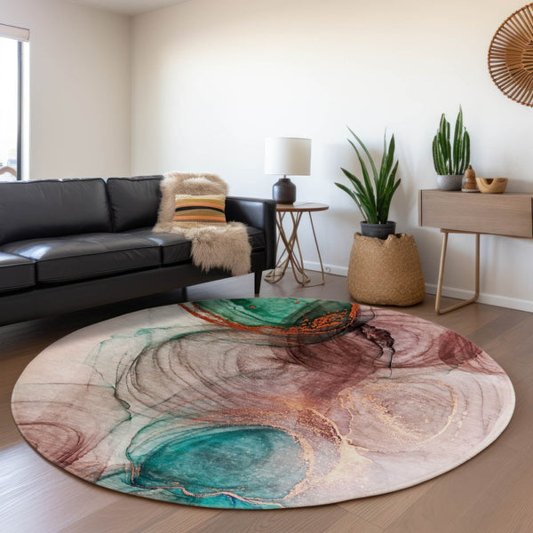 HomeRoots 8' Washable Round Rug in Burgundy, Blue & Ivory - UV Protected, Durable, Modern Abstract Design 647029