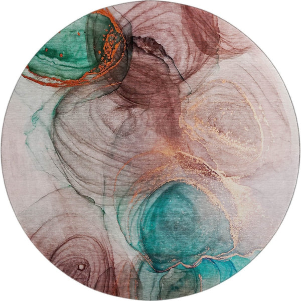 HomeRoots 8' Washable Round Rug in Burgundy, Blue & Ivory - UV Protected, Durable, Modern Abstract Design 647029