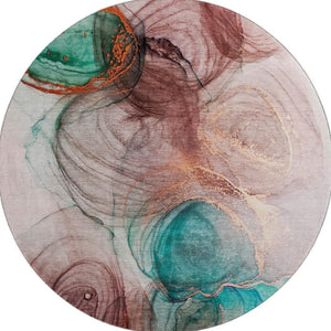 HomeRoots 8' Washable Round Rug in Burgundy, Blue & Ivory - UV Protected, Durable, Modern Abstract Design 647029